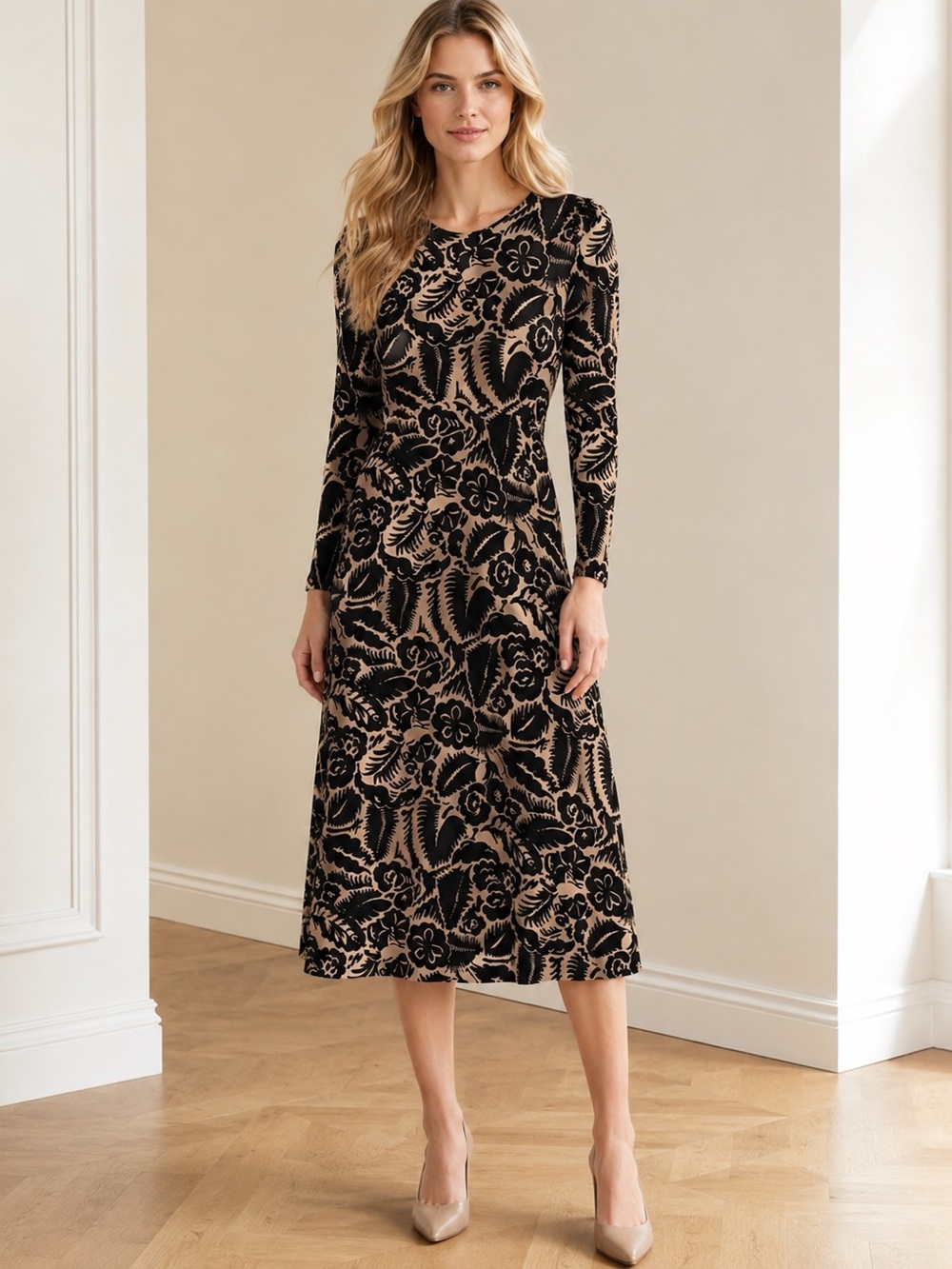 NWOT Boden Black & Tan Floral Long Sleeve Midi Dress Size US 6